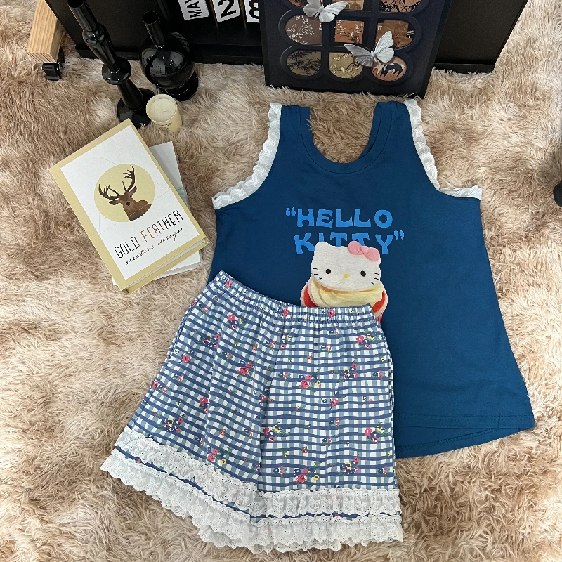 【甜品KITTY】卡通印花棉质短袖睡衣女夏季新款家居服长裤可外穿