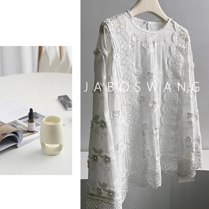 S831圆领花丛衬衣小白花仙女镂空钩花上衣2025春温柔风宽松衬衣