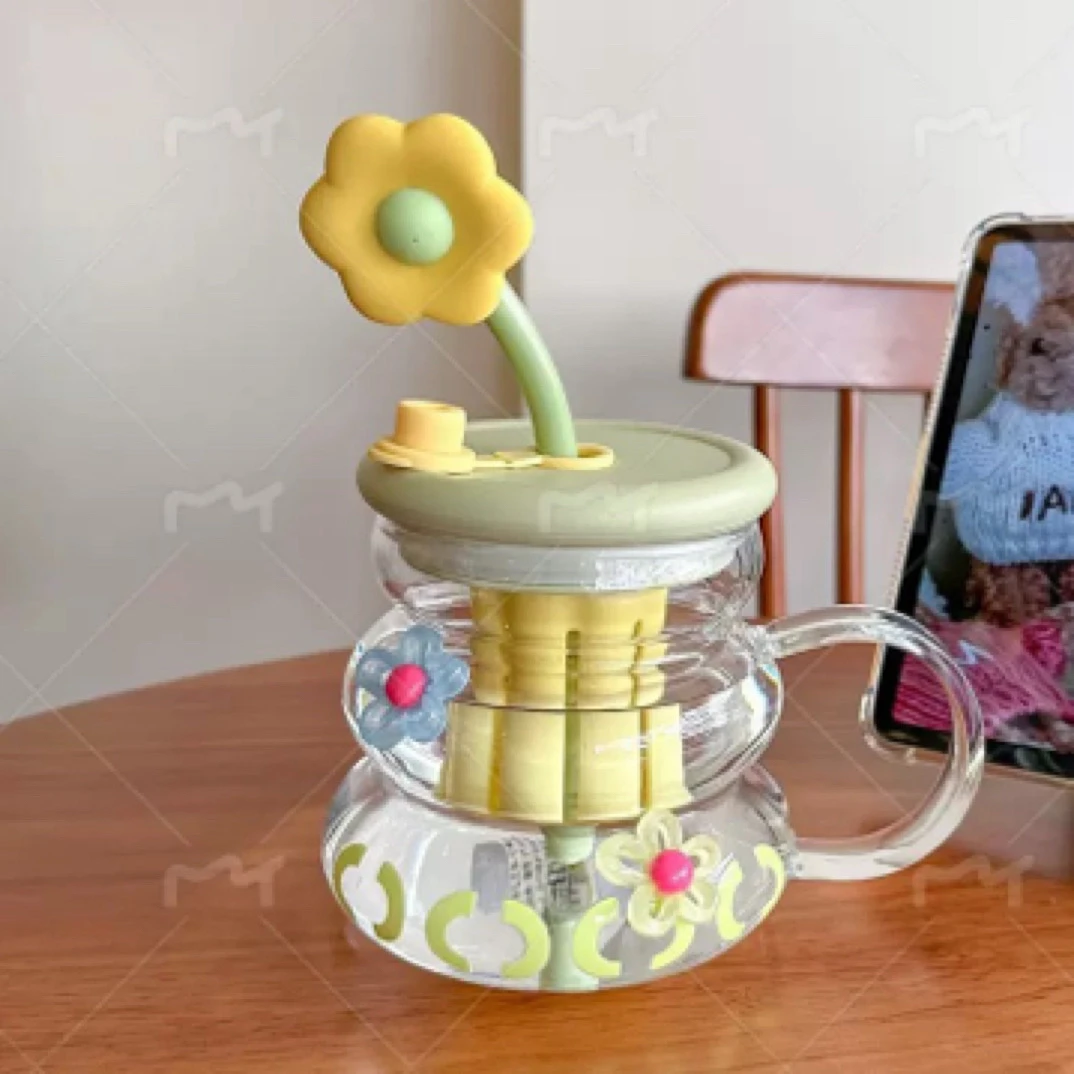 耐高温玻璃水杯女生高颜值可爱花朵ins少女心办公室茶水分离杯子