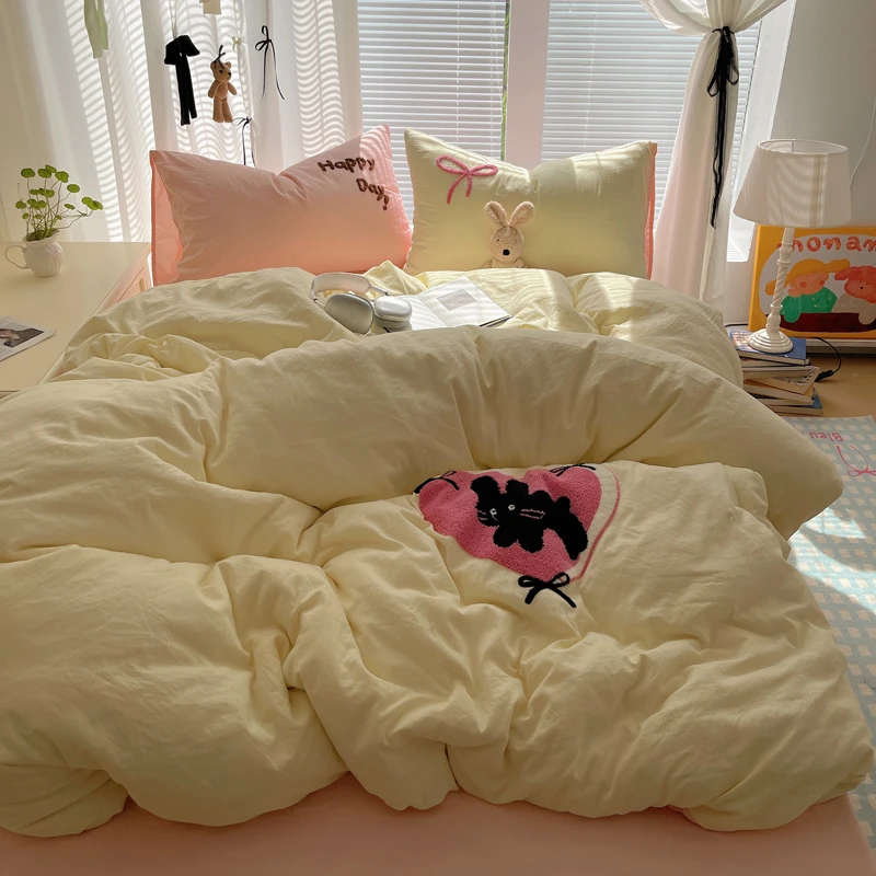 ins可爱风云朵棉韩系卡通精密毛巾绣四件套简约款学生宿舍三件套1