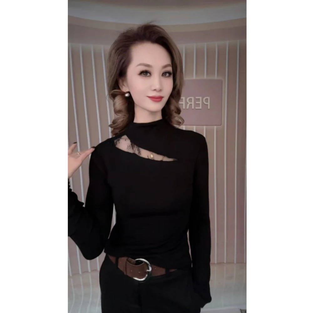 半高领纯色镂空长袖T恤女2025年秋冬新款百搭洋气上衣修身小衫潮