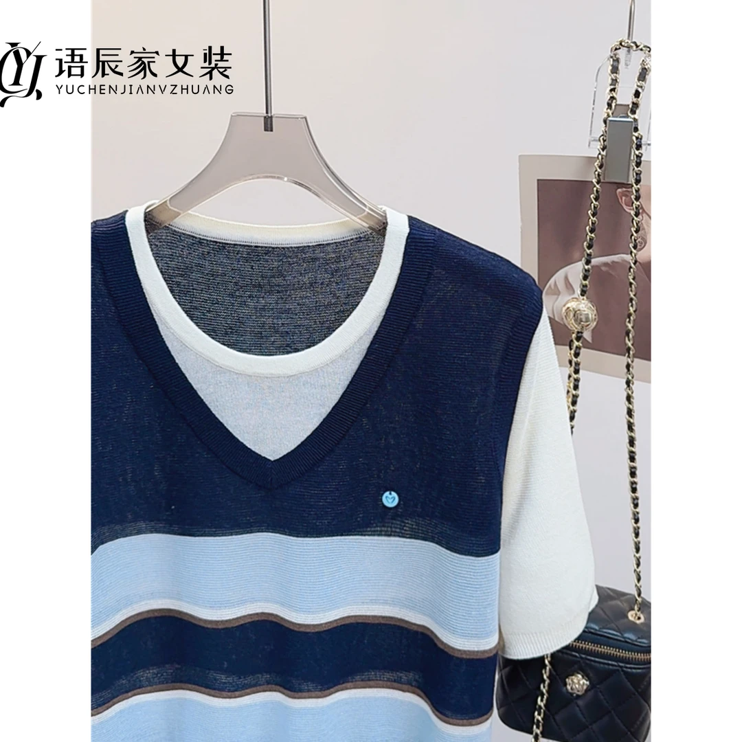B838【线下同款】莱赛尔+亚麻~高定版！短袖假两件条纹夏季女针织衫
