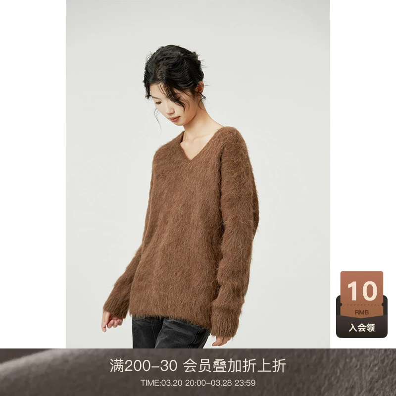 咖啡色毛衣女冬季新款宽松韩版慵懒风羊驼毛v领23D1530003非朵以
