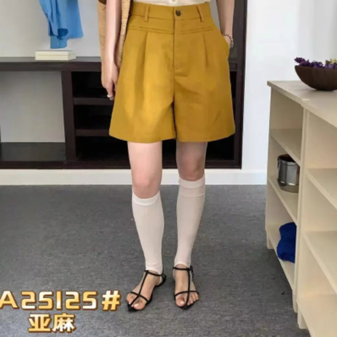 25125#【裤长43】薄款高腰夏季无弹拼接短裤女装气质时尚简约短裤