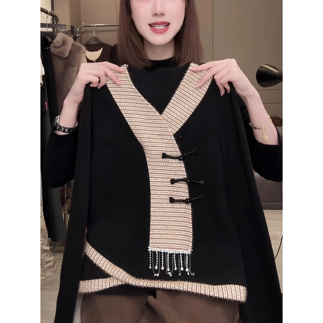 新中式冬季黑色V领针织女小衫撞色盘扣复古国风宽松显瘦长袖上衣