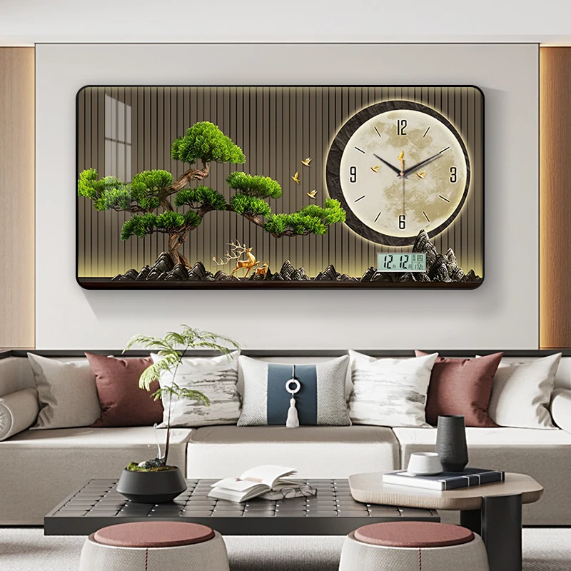 迎客松新中式餐厅装饰画电子万年历山水画饭厅挂钟表客厅时钟6081