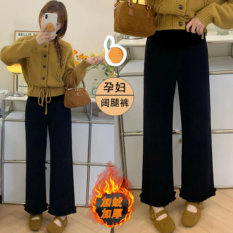 孕妇黑色木耳边加绒裤2026秋冬季外穿加厚小个子弹力九分直筒长裤