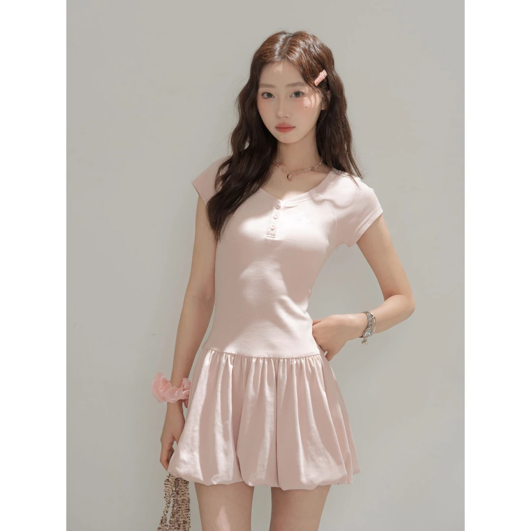 【粉色少女】小众甜美温柔初恋V领气质显瘦设计感花苞短裙-5X484