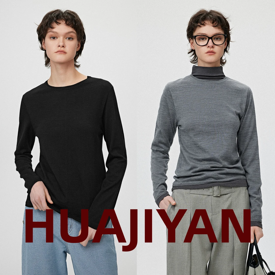 华吉言/HUAJIYAN【波纹】100绵羊毛螺纹圆领弹性显瘦打底衫