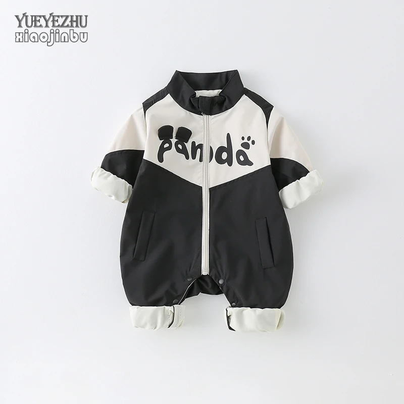 男宝宝秋季冲锋衣外套连体衣婴儿衣服秋装帅气休闲时尚机车服哈衣