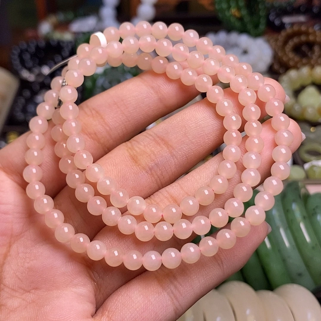 和田玉未镶嵌颈饰藕粉红粉米珠链5mm