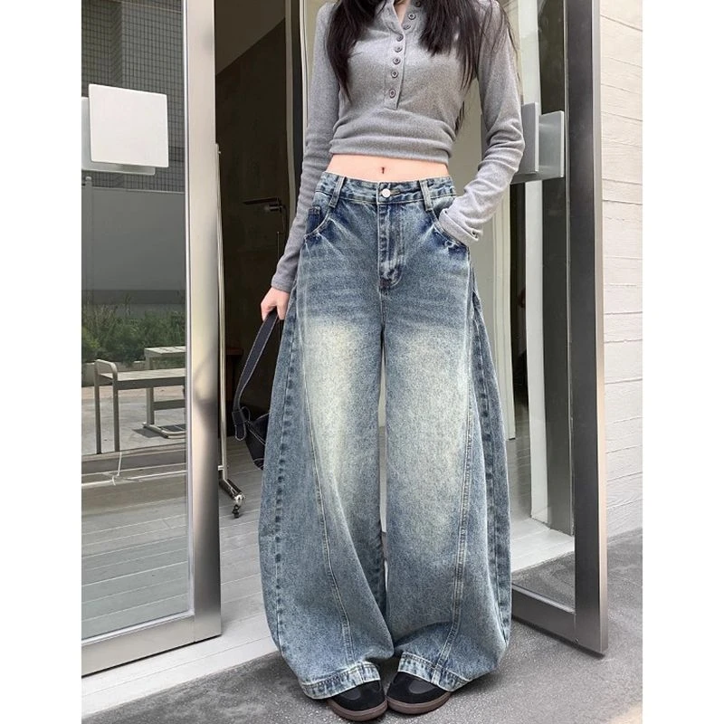 街头通勤中性潮流时尚阔腿牛仔裤女春秋季新款高腰宽松拖地牛仔裤
