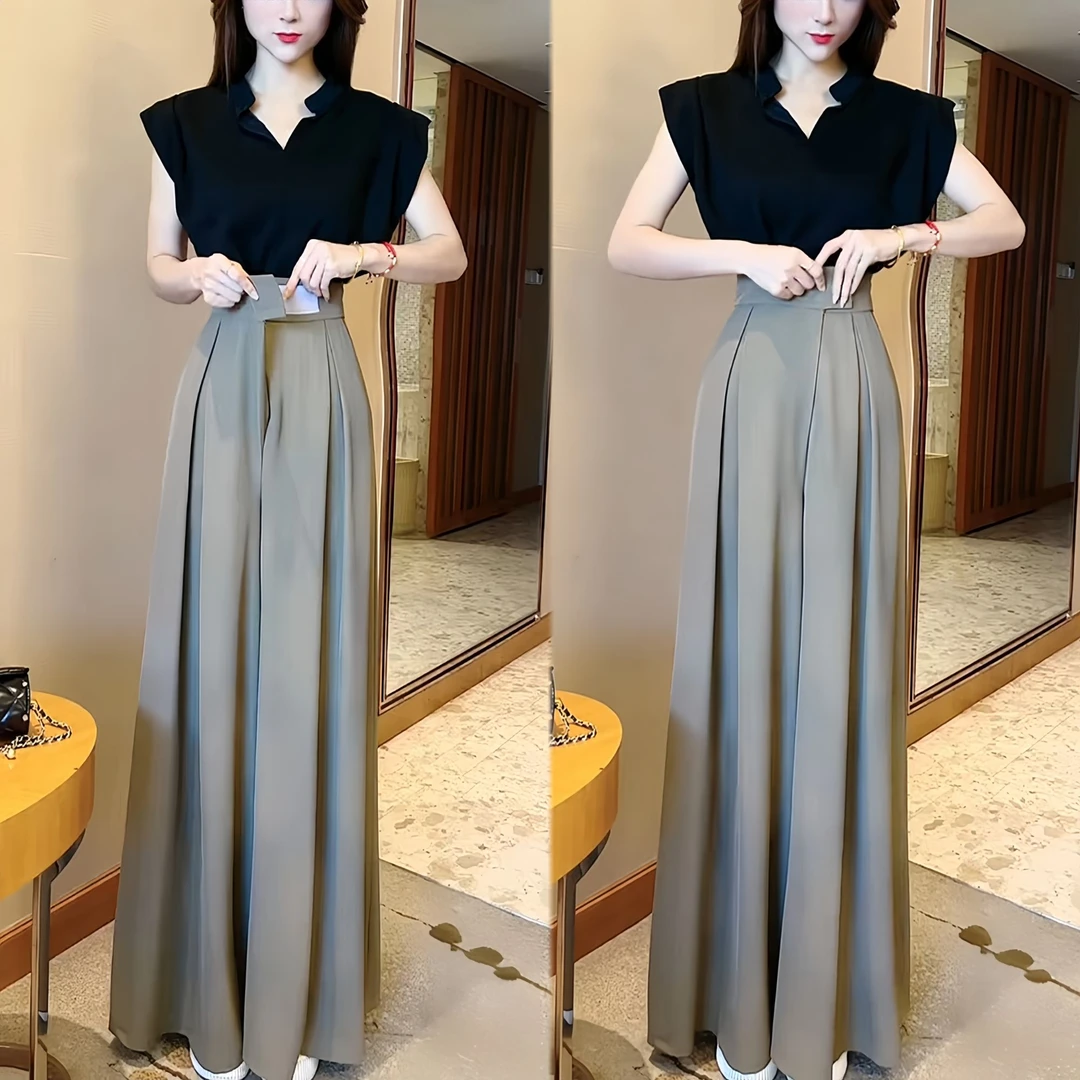 2025夏季新款时尚名媛风气质显瘦立领飞飞袖上衣阔腿裤两件套装女
