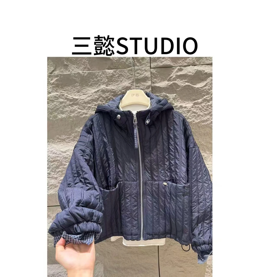 【三懿服饰】秋季新款显瘦百搭立体肌理纹路连帽长袖拼接外套9123