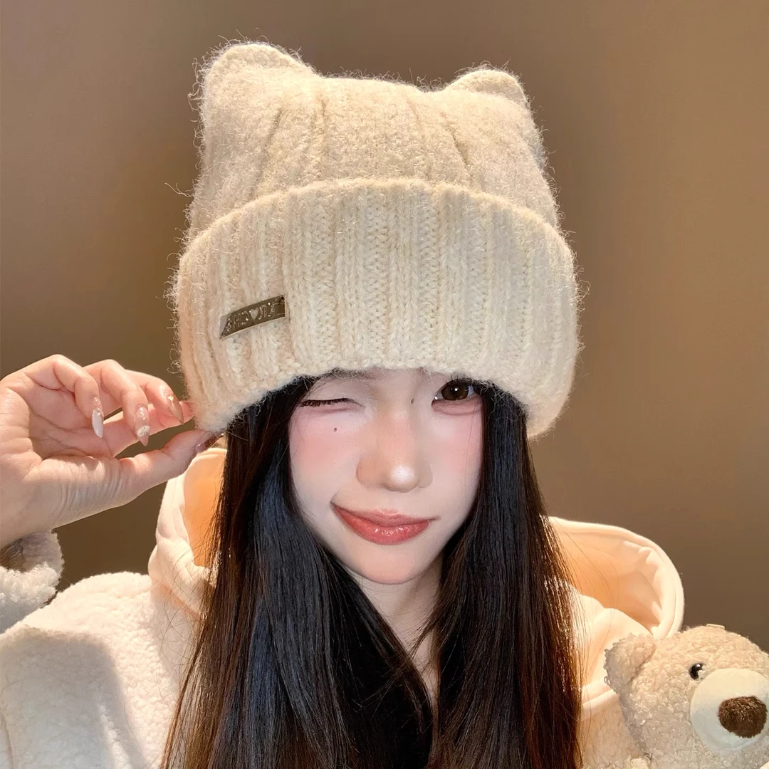 猫耳朵针织毛线帽女秋冬日系可爱百搭护耳冷帽显脸小保暖套头帽子