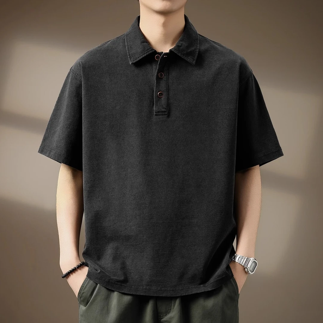 高端260g美式肌理感牛仔短袖Polo衫男夏季宽松翻领重磅高级感T恤
