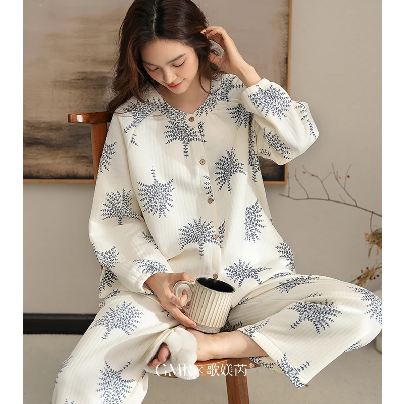 纯棉加厚睡衣女士空气棉夹层春秋款韩版家居服大码可外穿冬天薄款