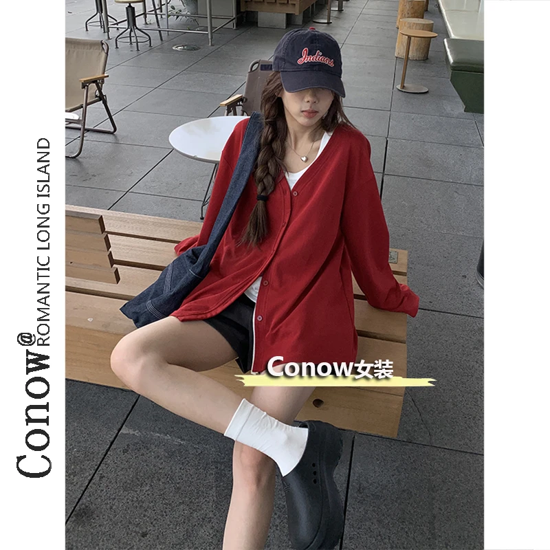 早秋新款慵懒风开衫韩版宽松薄款外套女百搭休闲V领长袖开衫