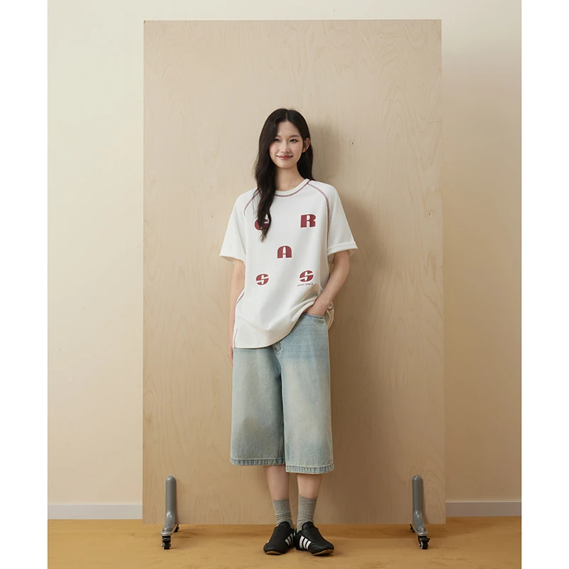 原野空间GRASS SPACE字母印花圆领白色短袖T恤女夏运动休闲上衣潮