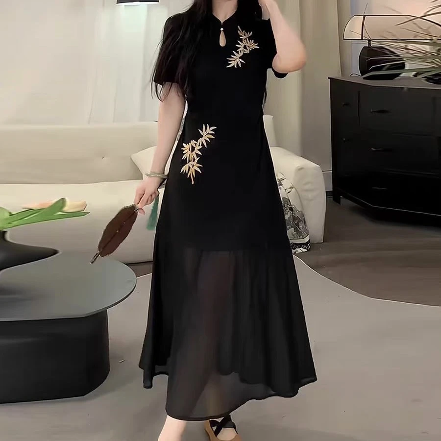 大码【墨色竹影】长款旗袍连衣裙大码女装微胖夏季9289