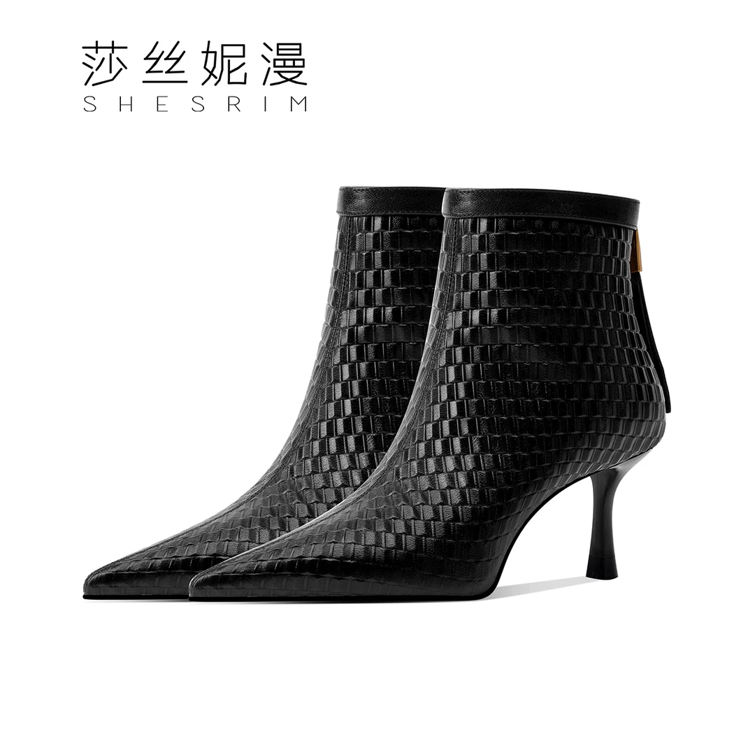 秋冬新款靴子尖头细高跟气质女人款真皮实心跟百搭性感时尚女鞋黑