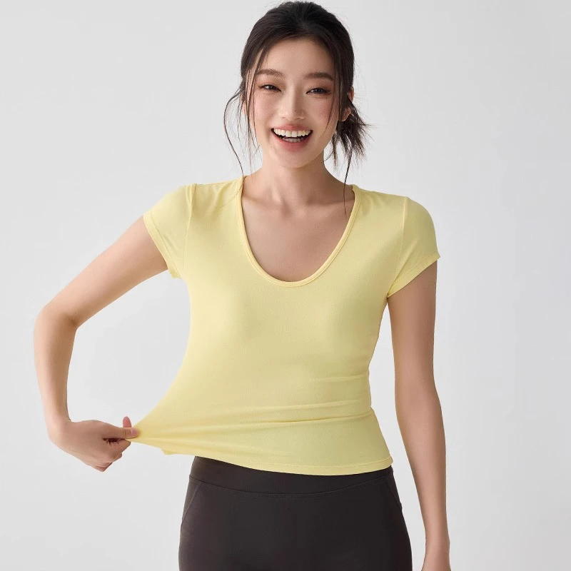 瑜伽服上衣女夏季速干t恤紧身弹力运动短袖普拉提跑步训练服健身