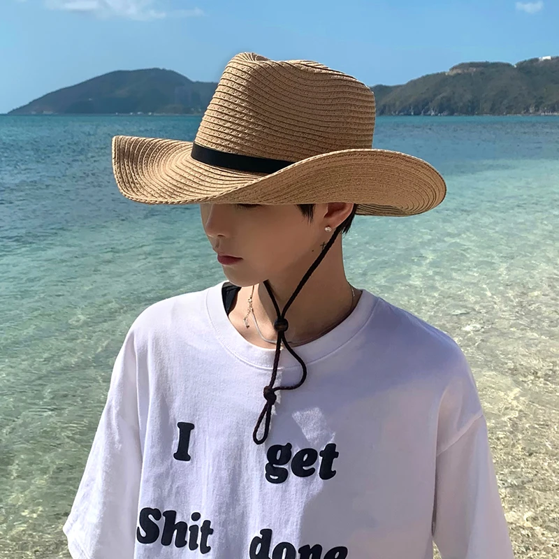 草帽男夏季遮脸沙滩帽男款防晒凉帽登山遮阳帽男士旅游男士遮阳帽