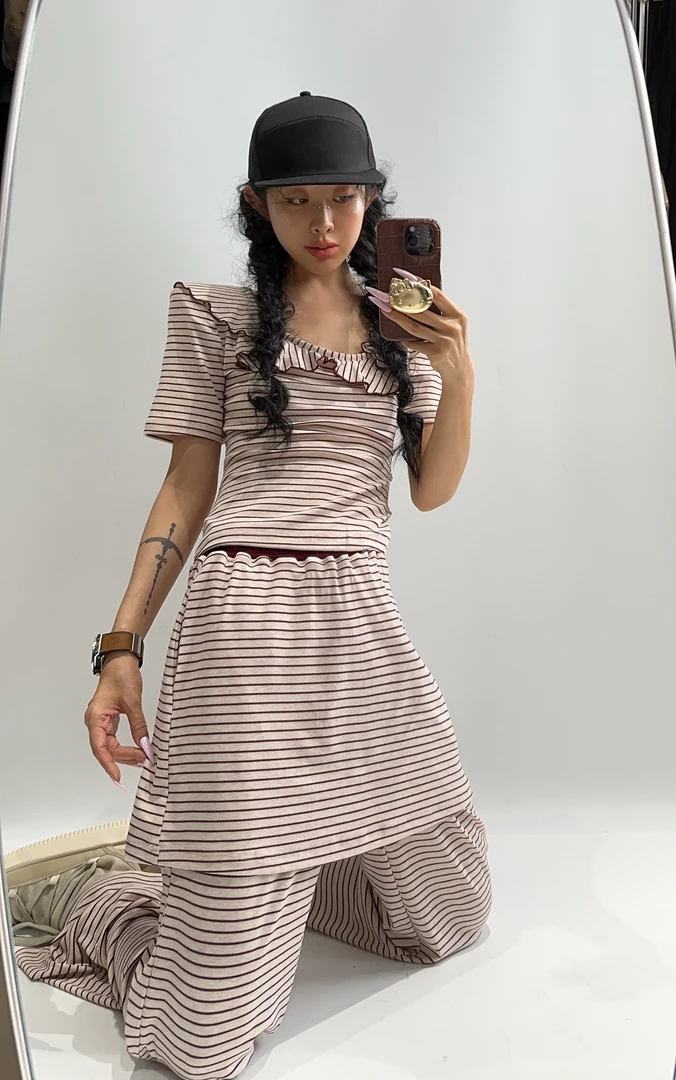 VIVISPLENDID20627#（定制款NO退NO换）MIU系荷叶波边条纹套装