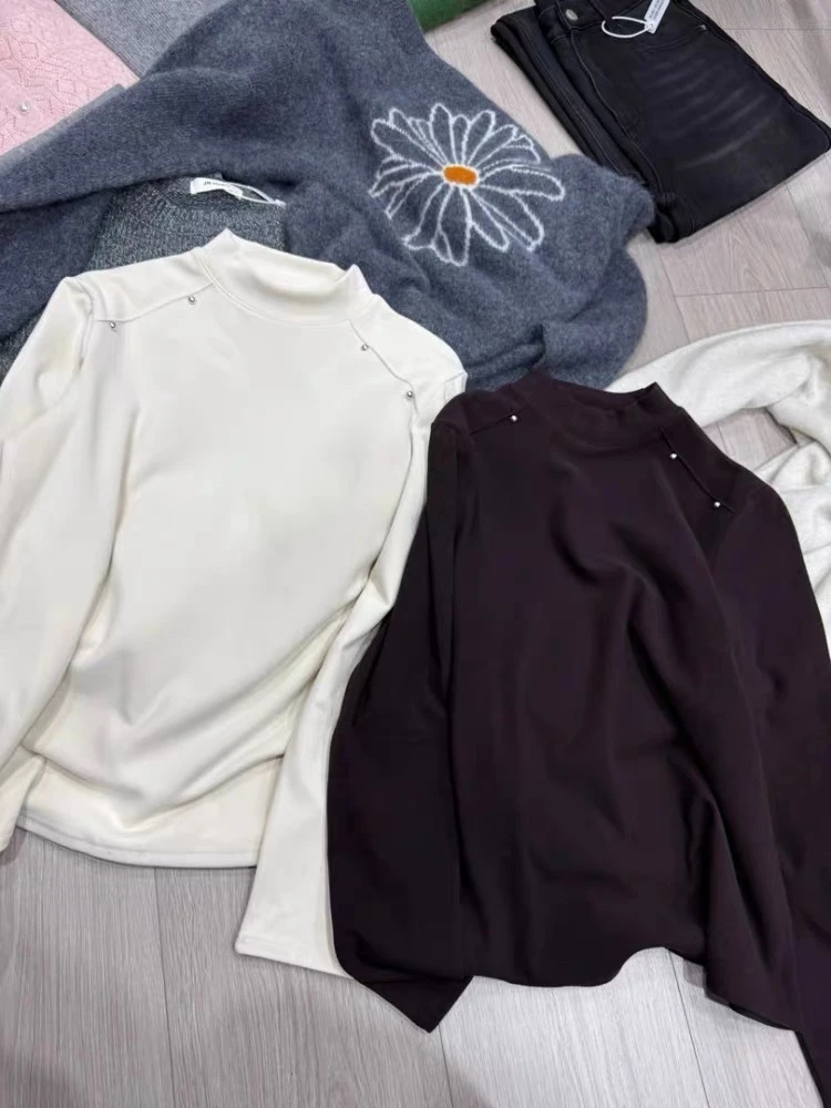 啤酒领半高领打底衫女秋冬季加绒内搭磨毛保暖长袖t恤上衣