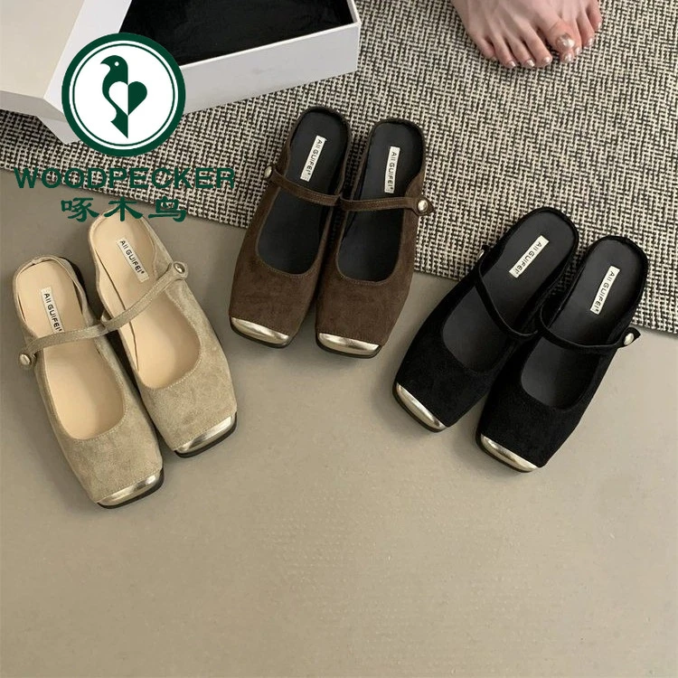 啄木鸟韩版气质休闲温柔晚风平底穆勒单鞋包头半拖鞋女夏仙女新款