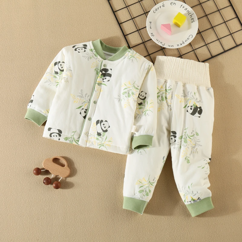 【现货】40克纯棉套装婴儿秋冬季棉服婴幼儿高腰护肚衣服对开洋气