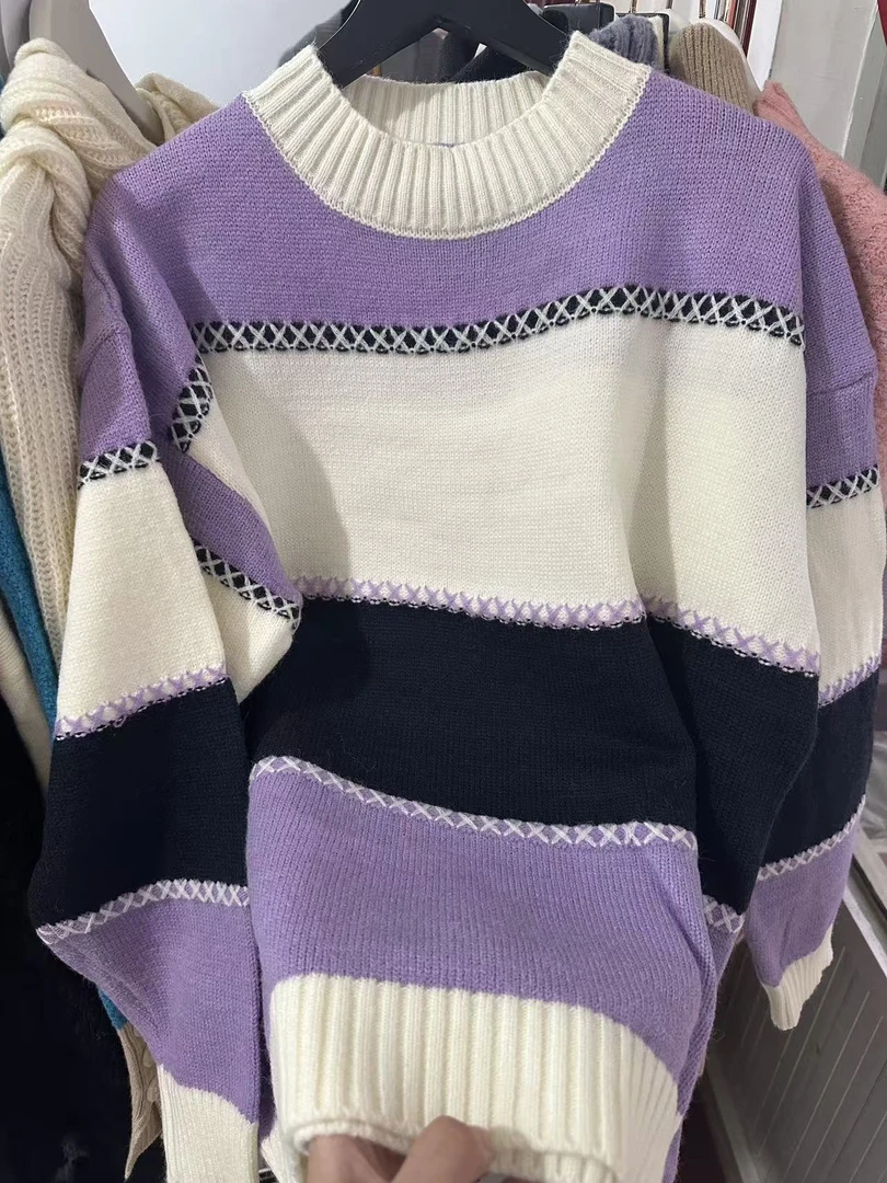 756女士圆领休闲撞色宽松休闲针织衫秋冬冬季上衣百搭