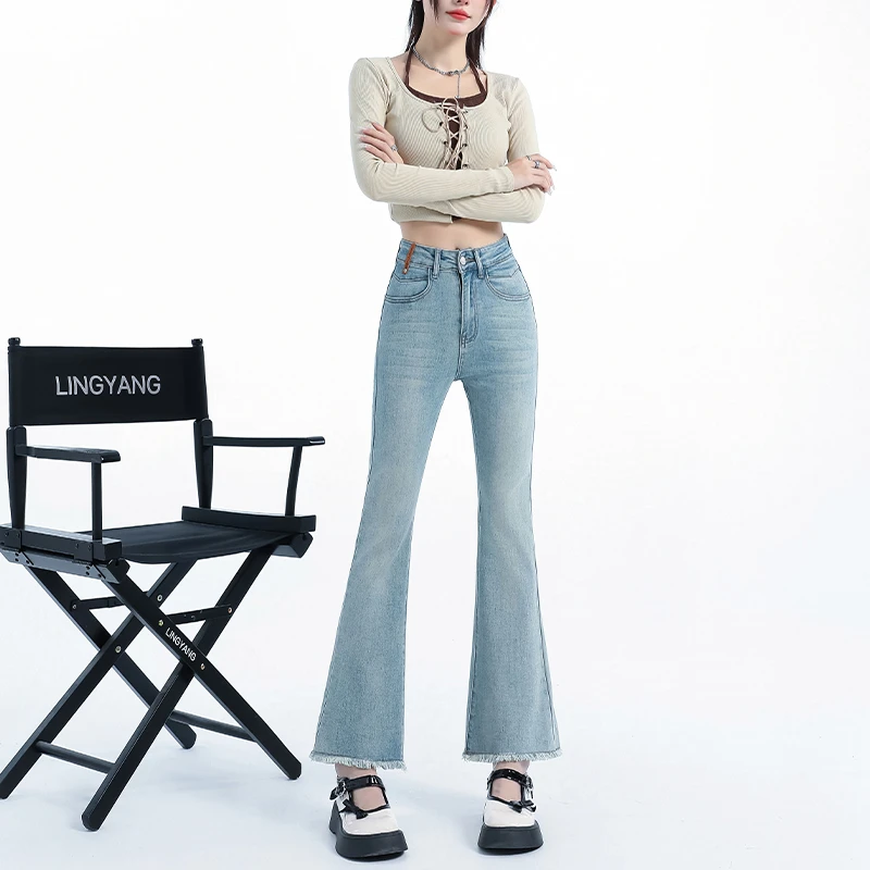 九分小个子牛仔微喇裤女春季新款皮牌高腰显瘦毛边喇叭浅蓝色裤子