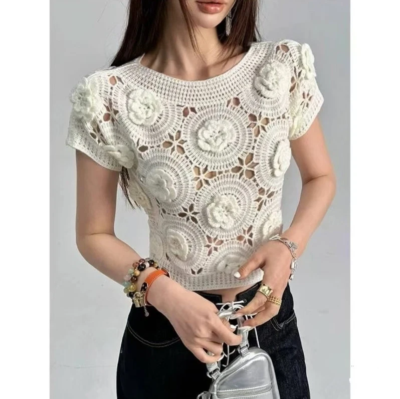 立体勾花镂空短袖针织衫2025夏季新款修身显瘦时尚百搭高级感上衣