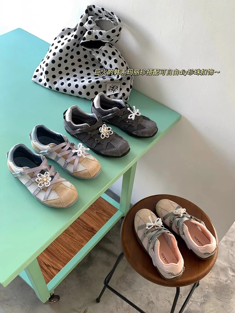 ONEXH·2025春夏小众设计款韩系绑带芭蕾鞋diy珍珠扣饰玛丽珍鞋女