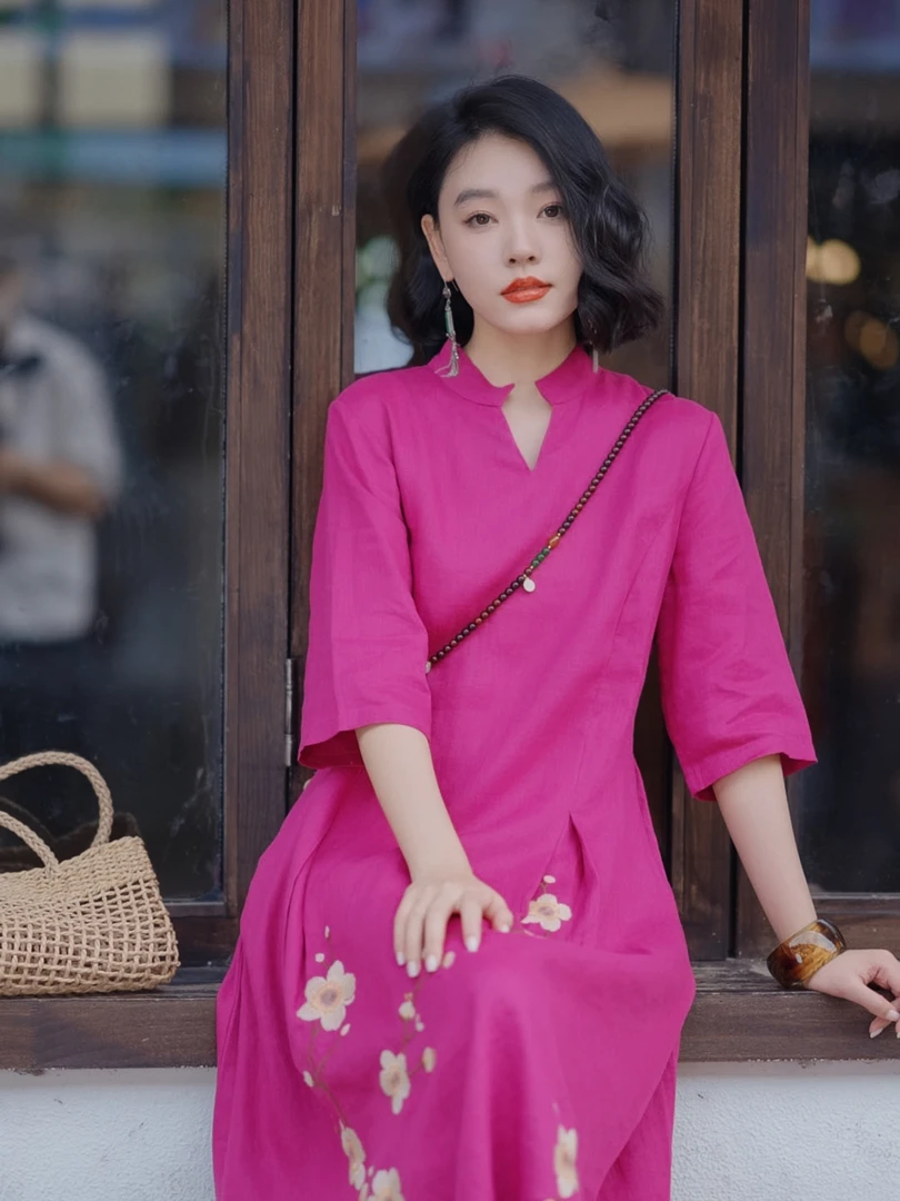 羊在在【梨园行】中式旗袍裙亚麻连衣裙刺绣民族风LYQ25GY1231