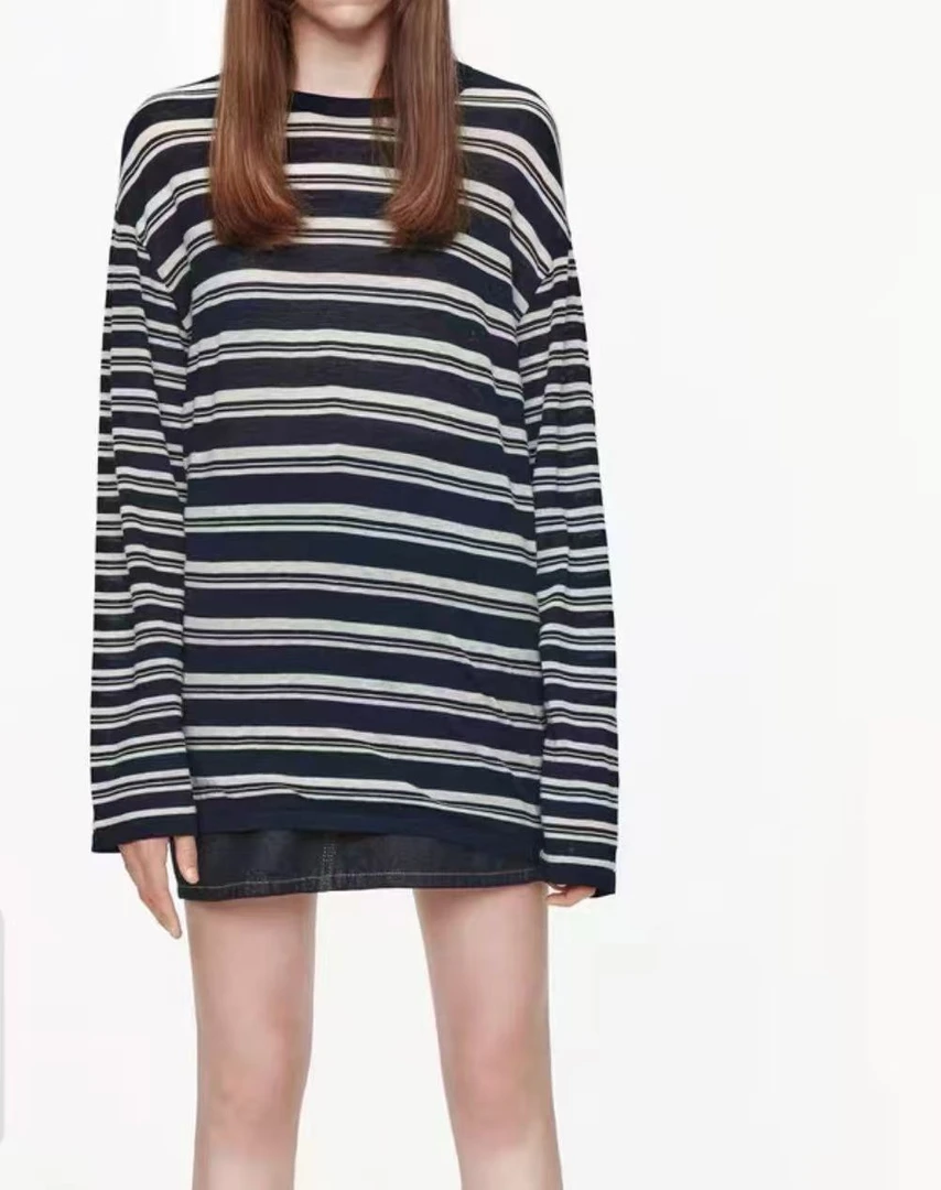 [奕奕] MO同款 天丝混纺慵懒风条纹针织衫