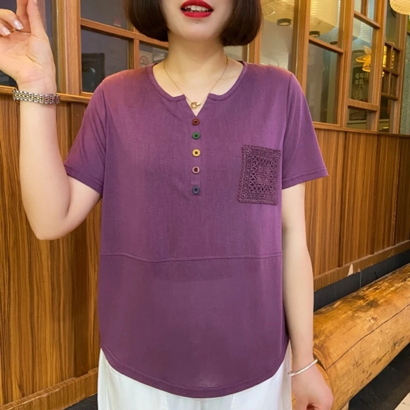 夏季新款彩色纽扣休闲宽松中年妈妈装百搭纯色薄款短袖