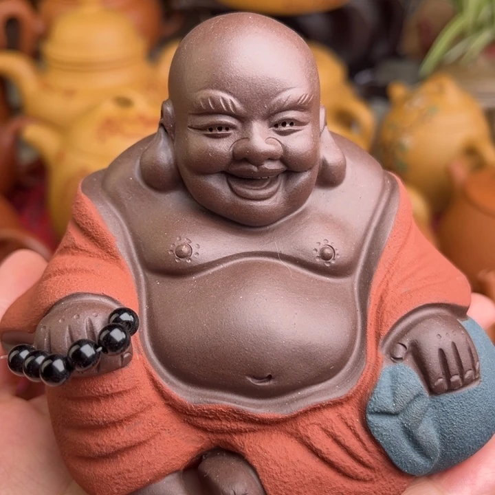 紫砂茶宠紫砂摆件开心弥勒佛高9宽11.5