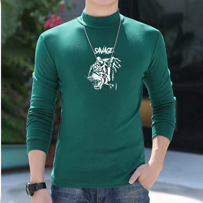 男修身百搭上衣舒适修身保暖长袖T恤2024秋冬季新款半高领打底衫