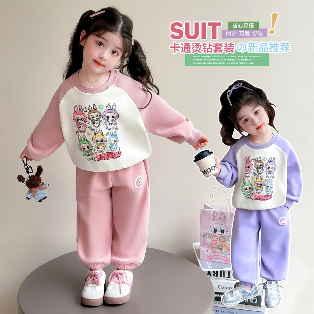 女童2025秋季新款时髦洋气卡通图案休闲运动套装&拉布布烫钻套装