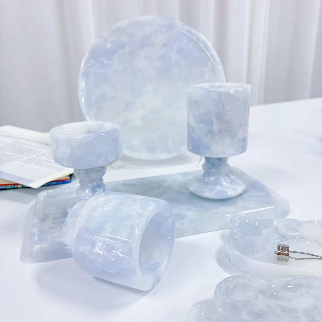 冰川蓝水晶大理石桌面装饰天然石材托盘香薰烛台现代简约花瓶摆件