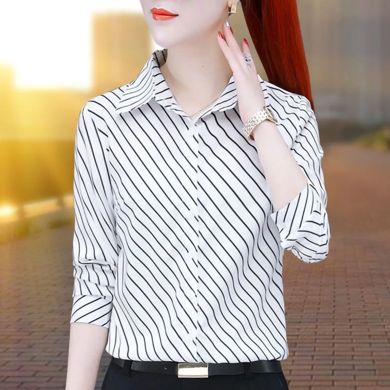 条纹雪纺衬衫女长袖2025春秋新款韩版韩范修身显瘦洋气上衣衬衣寸