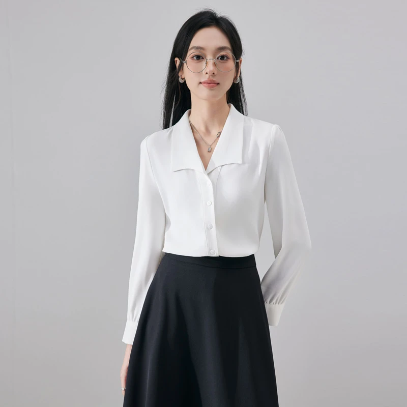 时尚百搭翻领长袖白衬衫女2025秋季新款时髦洋气减龄蓝色通勤衬衣