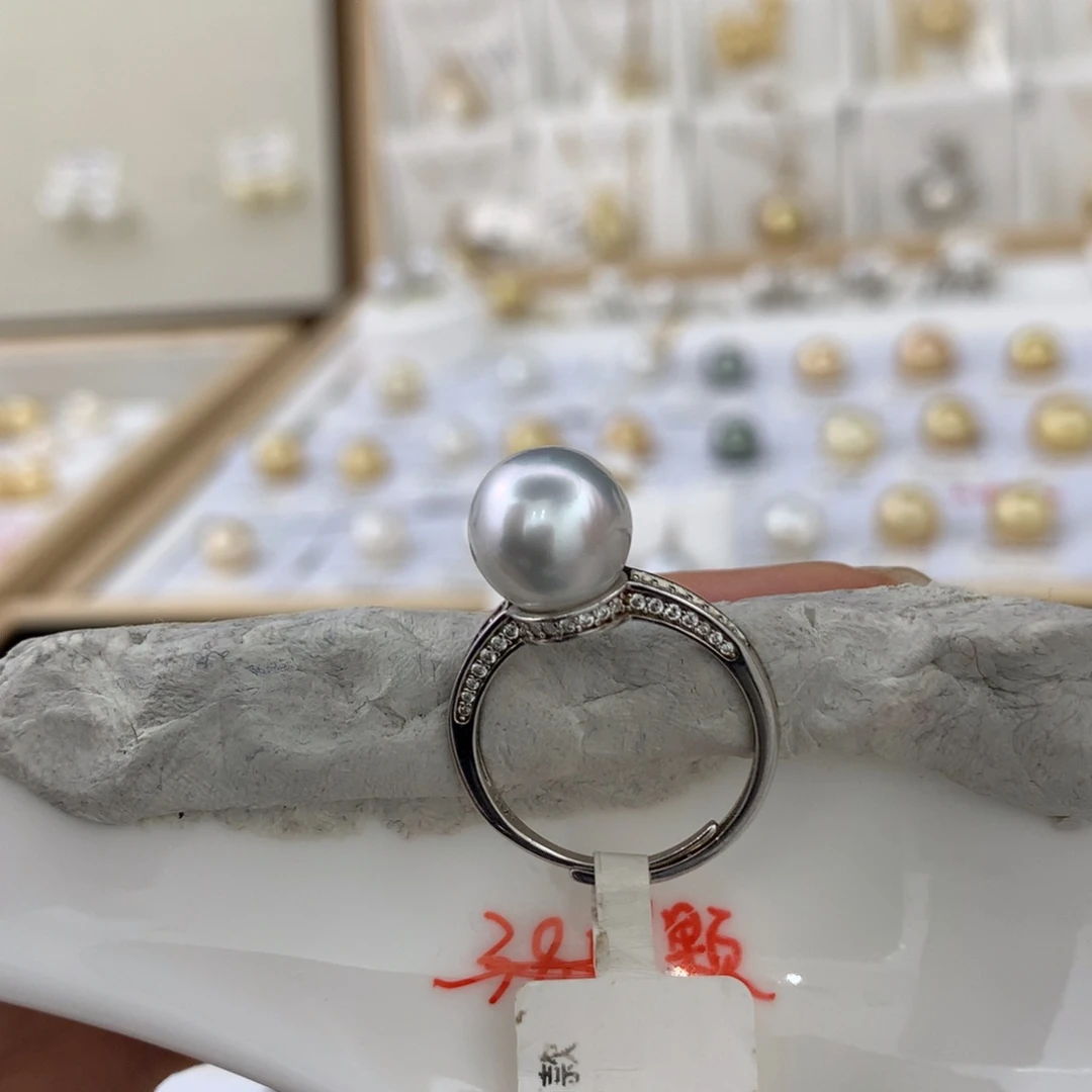 银S925镶嵌戒指海水珍珠9.8mm银蓝
