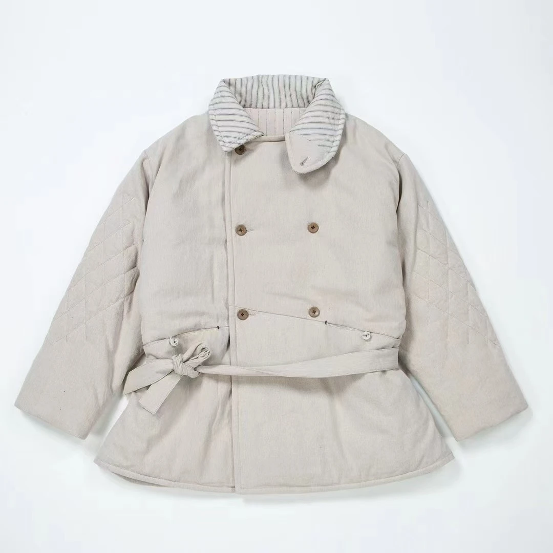 布衣分享 S3052 垒土原创秋冬休闲百搭古董感腰带素白棉衣