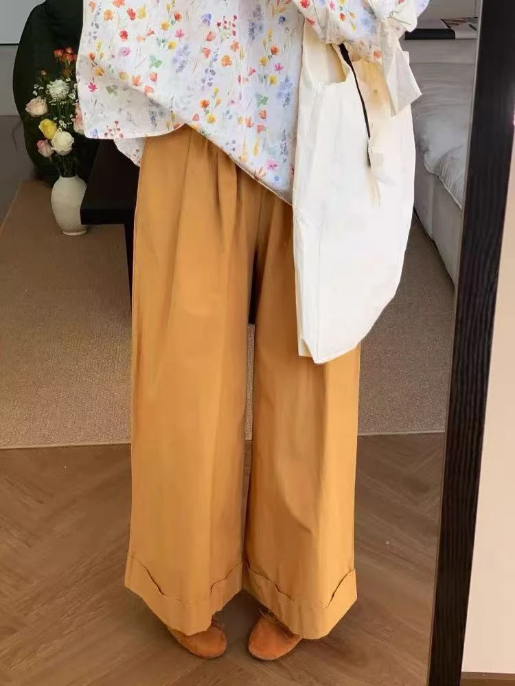 卷边薄款阔腿裤女2025夏季新款高腰显瘦宽松直筒九分休闲裤