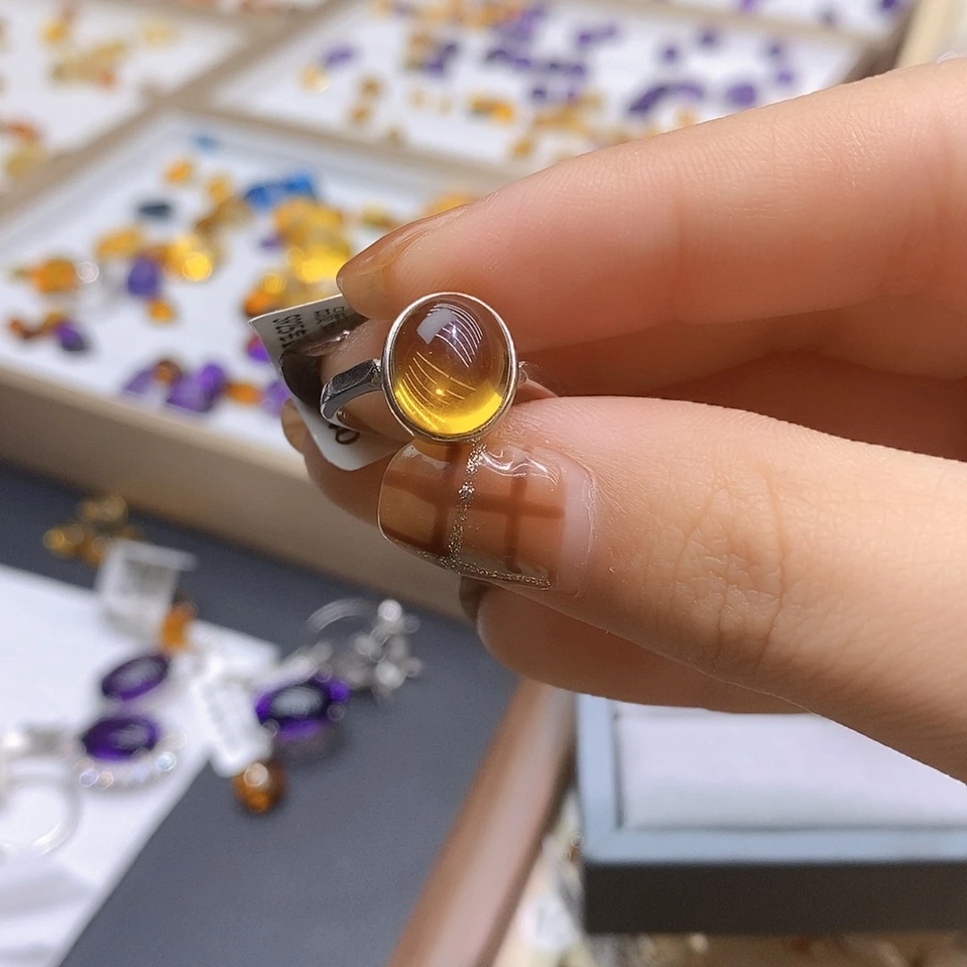 高***在戒指水晶银S925镶嵌纯天然黄水晶戒指J