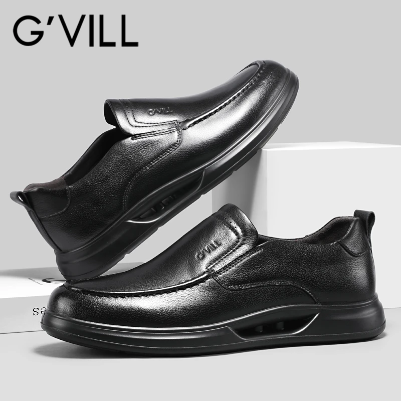G'VILL/贵之步头层牛皮商务休闲乐福鞋百搭防滑耐磨黑色爸爸鞋