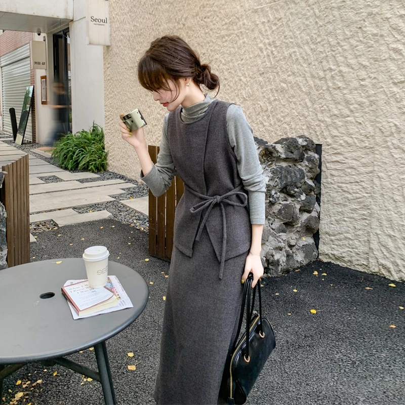 慵懒风毛呢套装裙女2025春秋新款韩系穿搭氛围感马甲打底衫半身裙